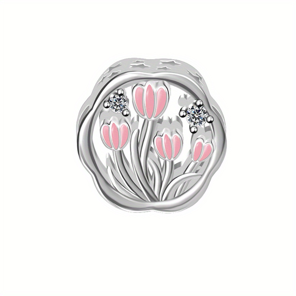 Image of 1pc Copper Pink Tulip Bead Charm, Fashionable Safety Chain Pendant For Bracelets And Necklaces, Ideal Birthday And Holiday Gift, Versatile Jewelry Accessory Decor