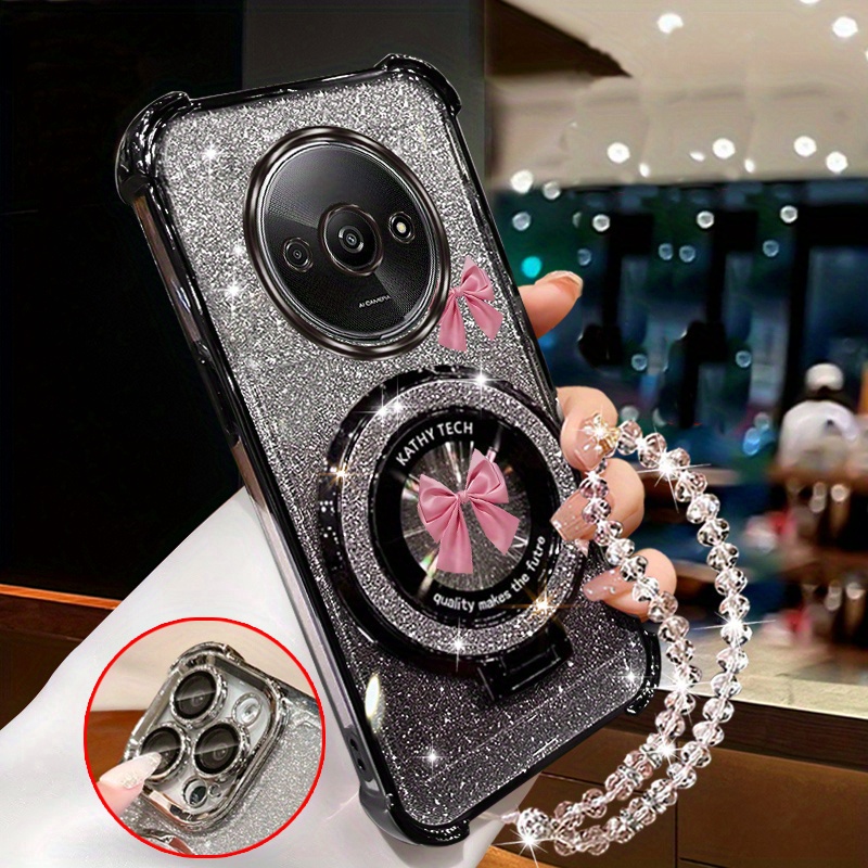 TEMU Magnetic Phone Holder Case With A Shiny Diamond Wrist Strap And Bowknot Design, Suitable For Xiaomi Redmi A3, Providing Anti-knock And