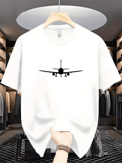 Black Airplane Front Silhouette Design T-Shirt, Summer Casual Versatile Men's Top