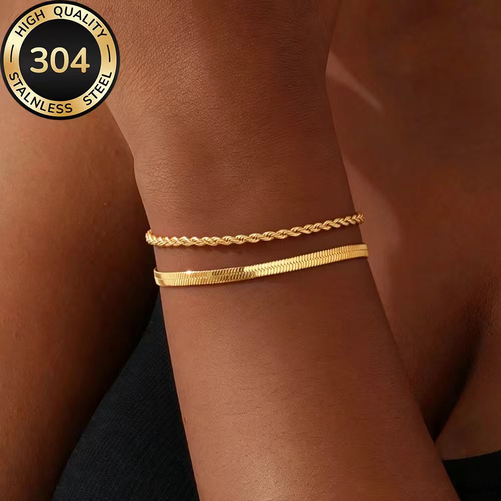 TEMU 2pcs Bracelet Set High-quality Stainless Steel Golden Bracelets, Fade-resistant, Easy And Elegant, Suitable For Daily Wear Or Parties, Fashion