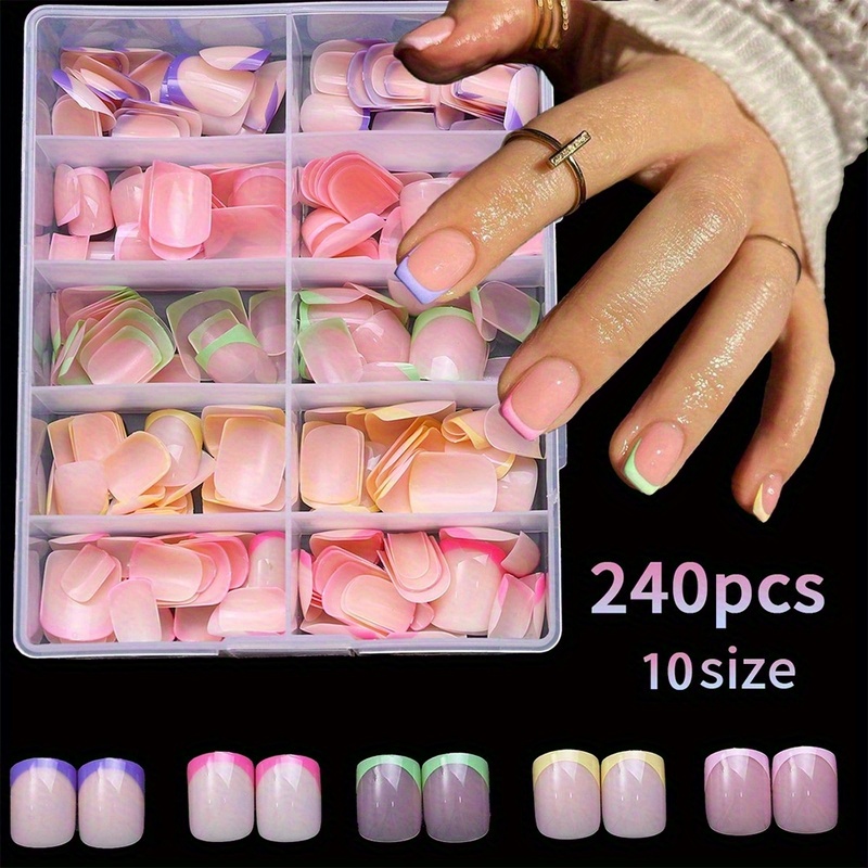 240pcs Colorful Short Square Fake Nails French Tip Press On Nails Glossy Detachable Simple False Nails Kit