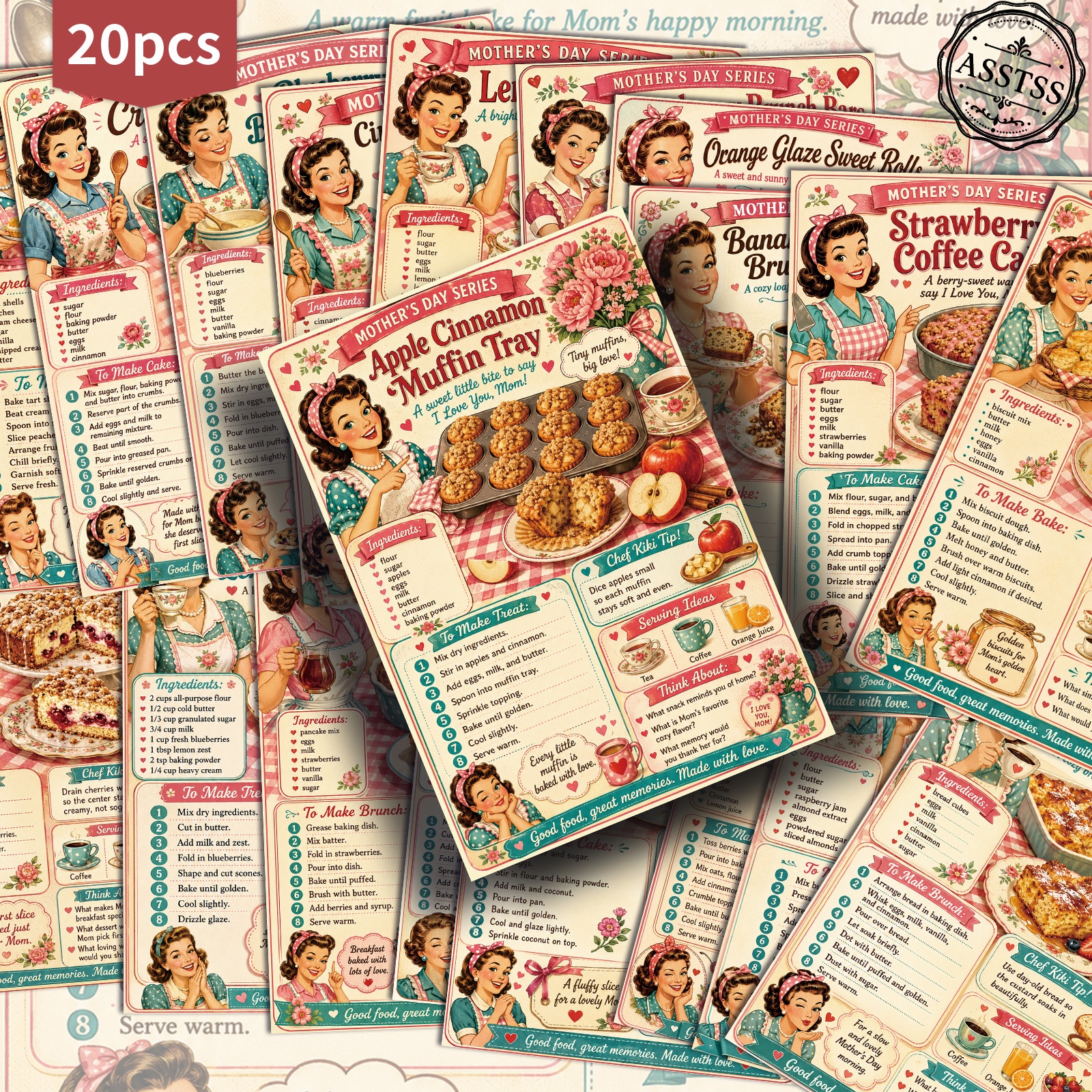 TEMU Lot de 20 cartes postales ASSTSS Vintage Recettes de Desserts Doux - 4X6 pouces Rétro Junk Journal Supplies, Illustrations Classiques Cartes de