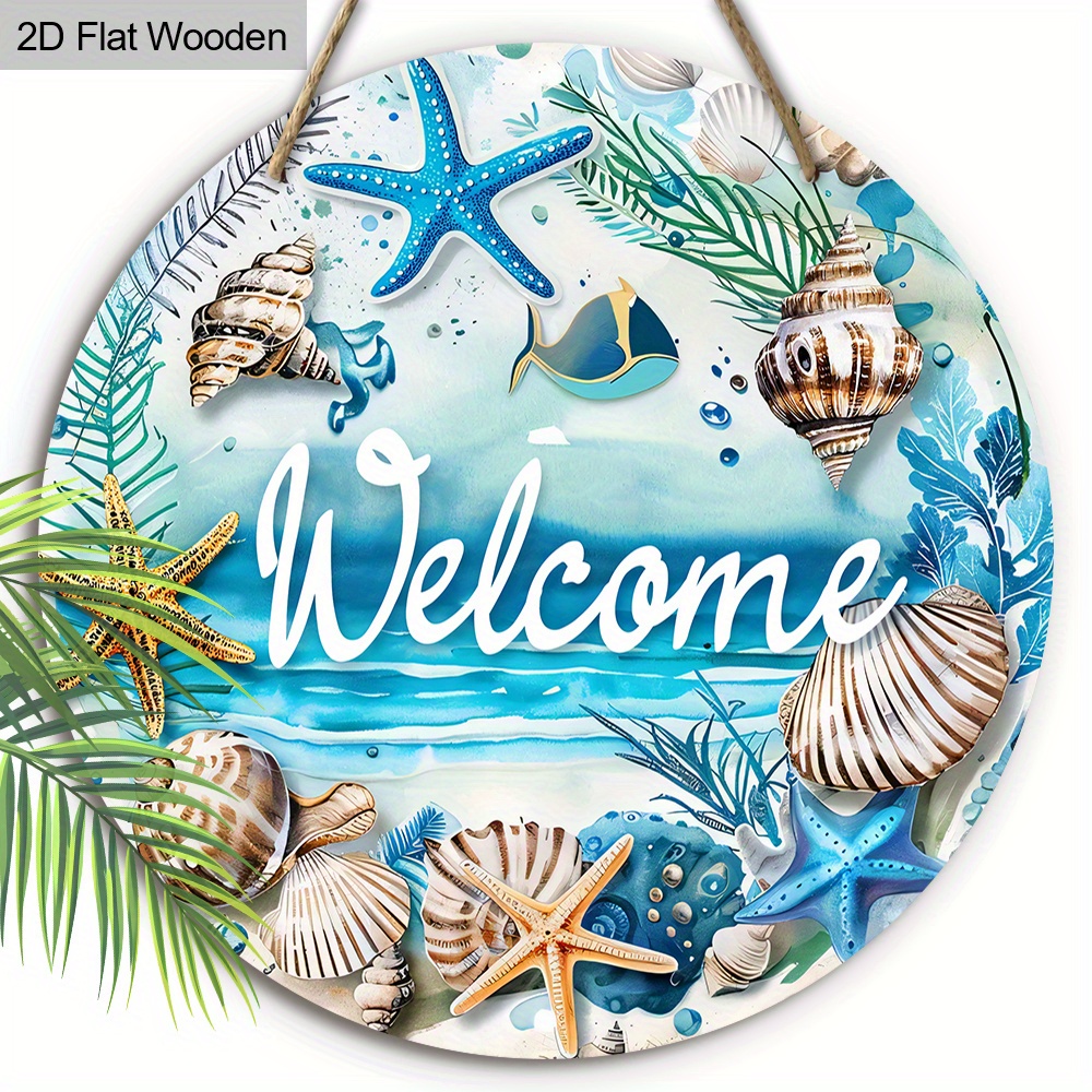 TEMU 2d Flat - One-piece 2d Flat Summer Welcome Sign Featuring A Blue Ocean, Shell, And Starfish Design, Hanging On Your Porch Or As A Decorative