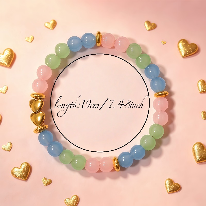Macaron 3-Color Round Bead Bracelet, Heart-Adorned