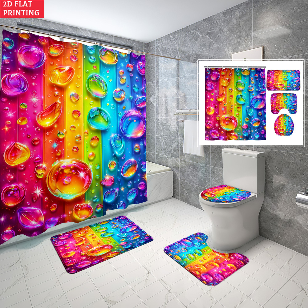 4pcs Rainbow Drops Pattern Shower Curtain Set with Bath Mat