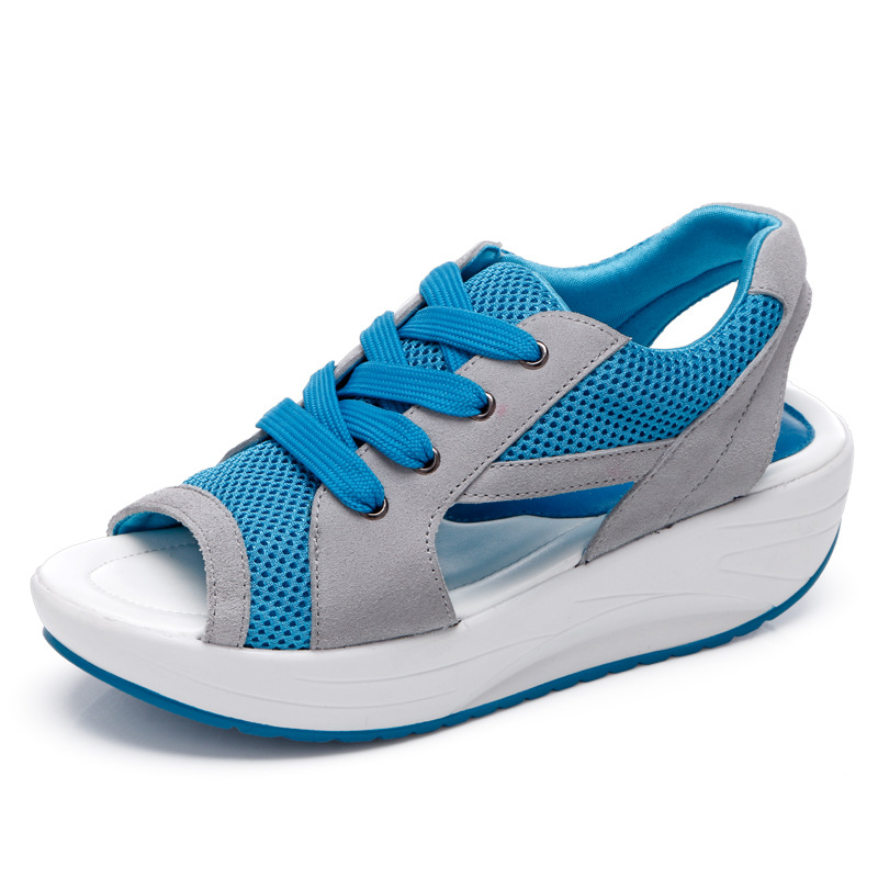 Image of Summer Mesh Rocking Sole Sandals For Women, Breathable Thick Soled Women's Shoes, Casual Lace Up Sports Sandals, Women Shoes
