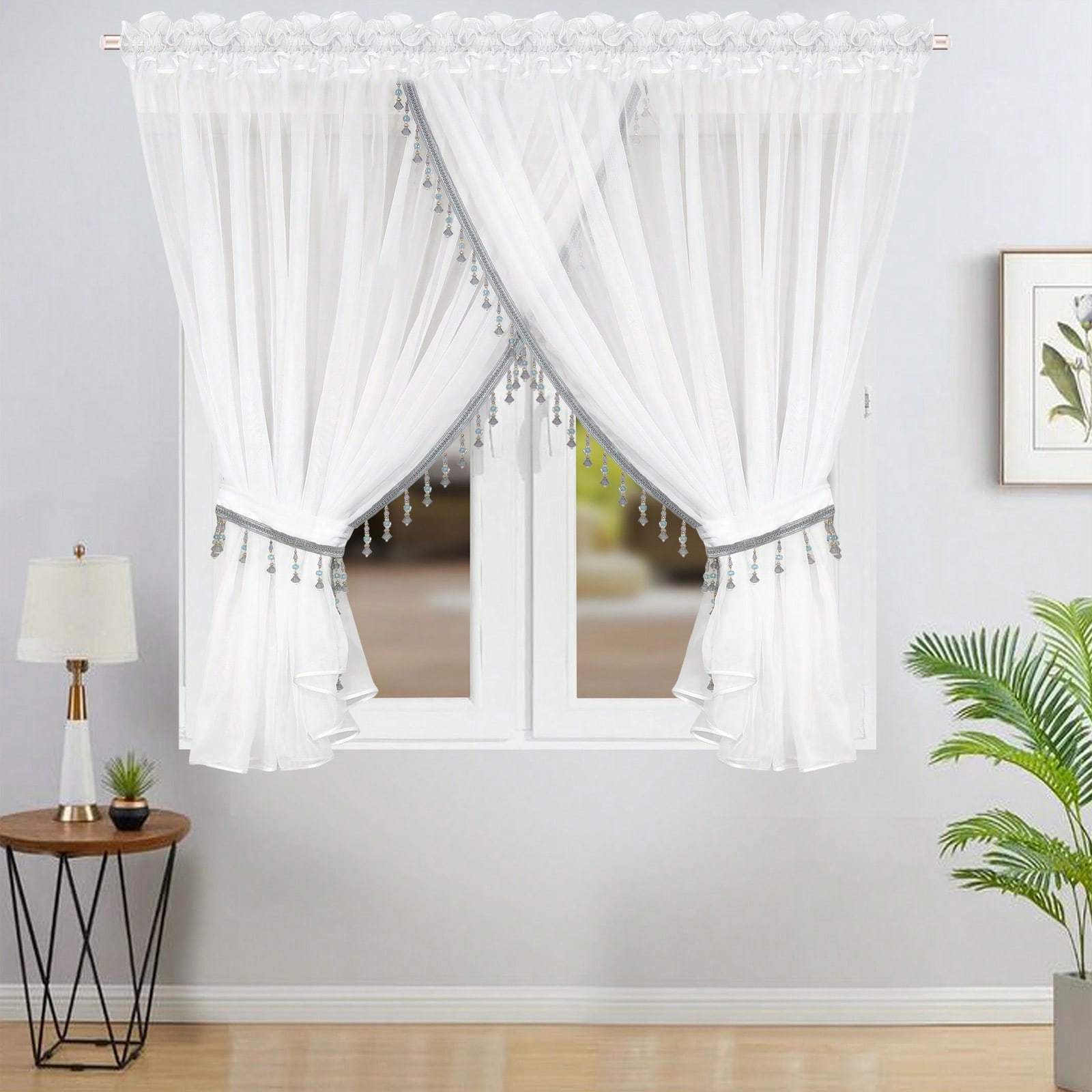 Image of 1 Panel Elegant Sheer Curtain With Hand-sewn Beaded Floral Trim - Semi-sheer , -filtering Privacy, Machine Washable For Bedroom, Living Room, Balcony - Soft Romantic Window Drapery