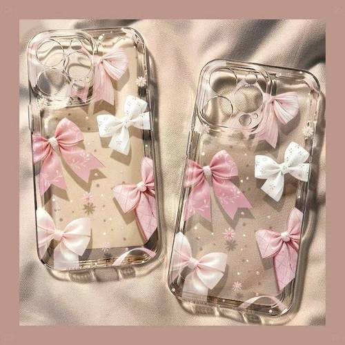 phone case pink and white bow pattern phone case suitable for iphone 16 16 pro max 13 14 pro 15 pro max xr classic transparent color simple and versatile lightweight shockproof stylish cute and durable protective