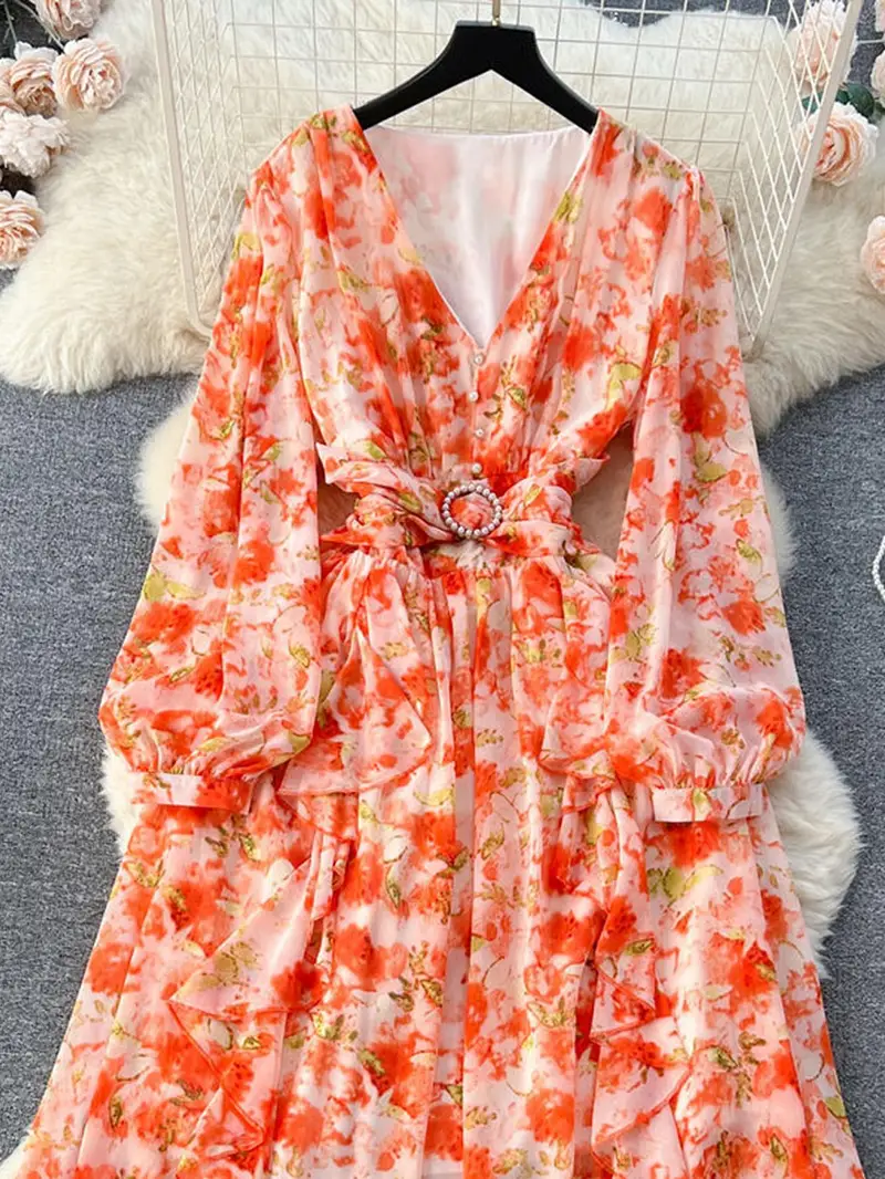 early autumn long sleeve v neck print maxi dress Petite Long-Sleeve V-Neck Cutout Midi Dress