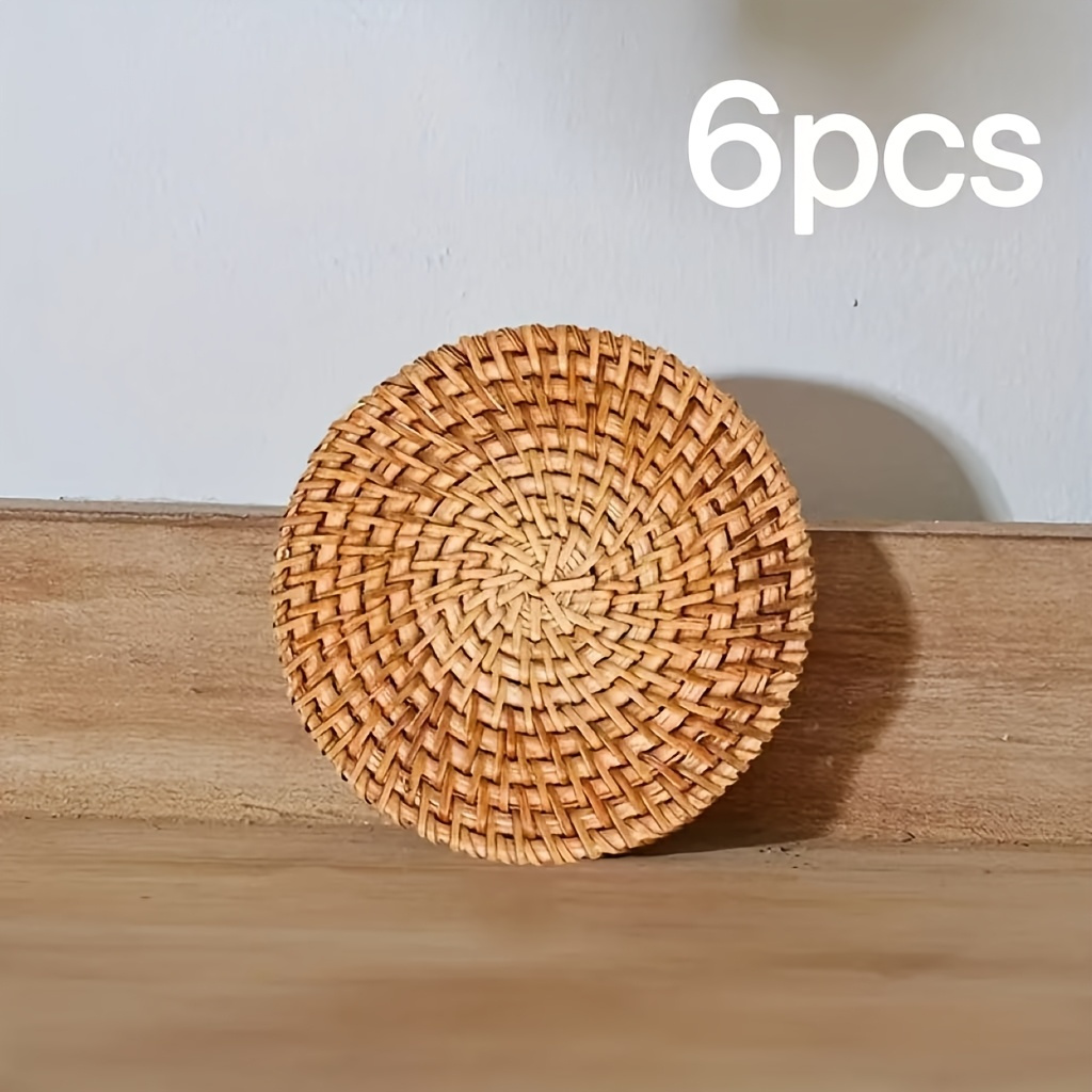 Image of 6pcs Handmade Recycled Wood Coasters - Heat-resistant Non-slip Drink Mats With Natural Rattan Design, Table Protectors For Kitchen, Dining Room & Desktop Decor