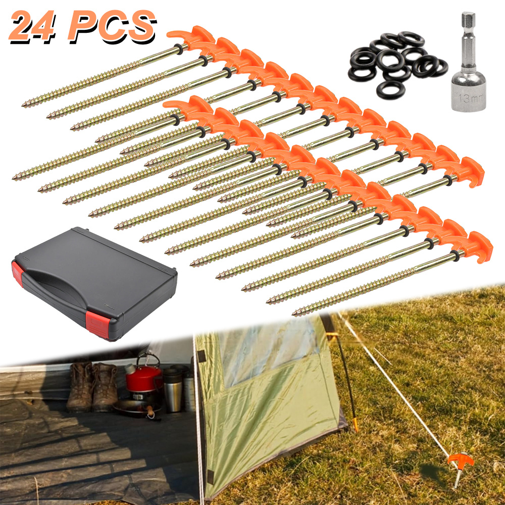 Image of 24pcs Spiral Screw Tent Nail Kit With Box, Washer, And 13mm Socket Tool For Camping Tents, Tents, Lawn Fixing, Without A Hammer, Ensuring Camping Safety