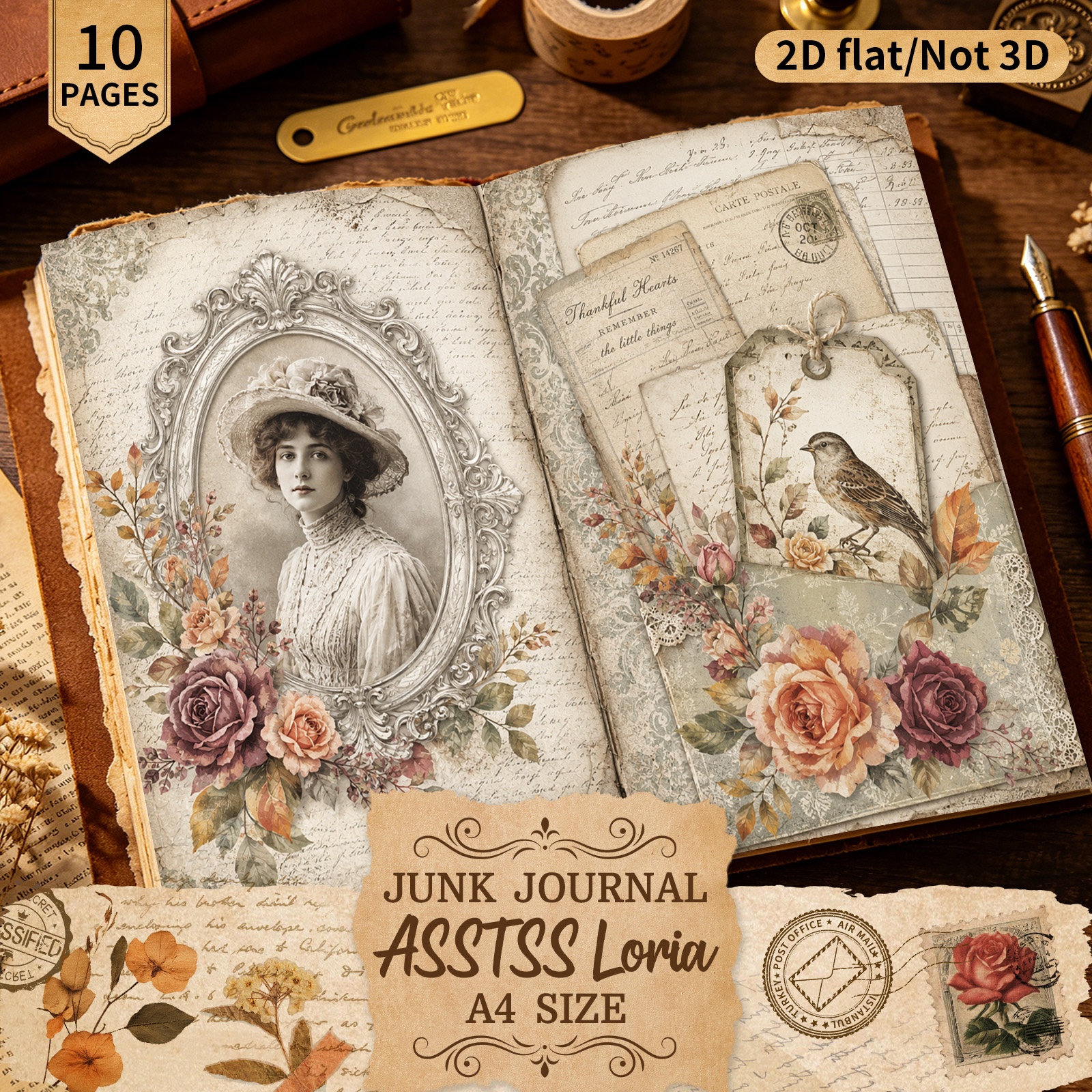 TEMU Asstssloria 10 Sheets A4 2d Flat Vintage Autumn Flowers Victorian Lady Scrapbooking Paper Set, Handcrafted Junk Journal And Decorative Craft