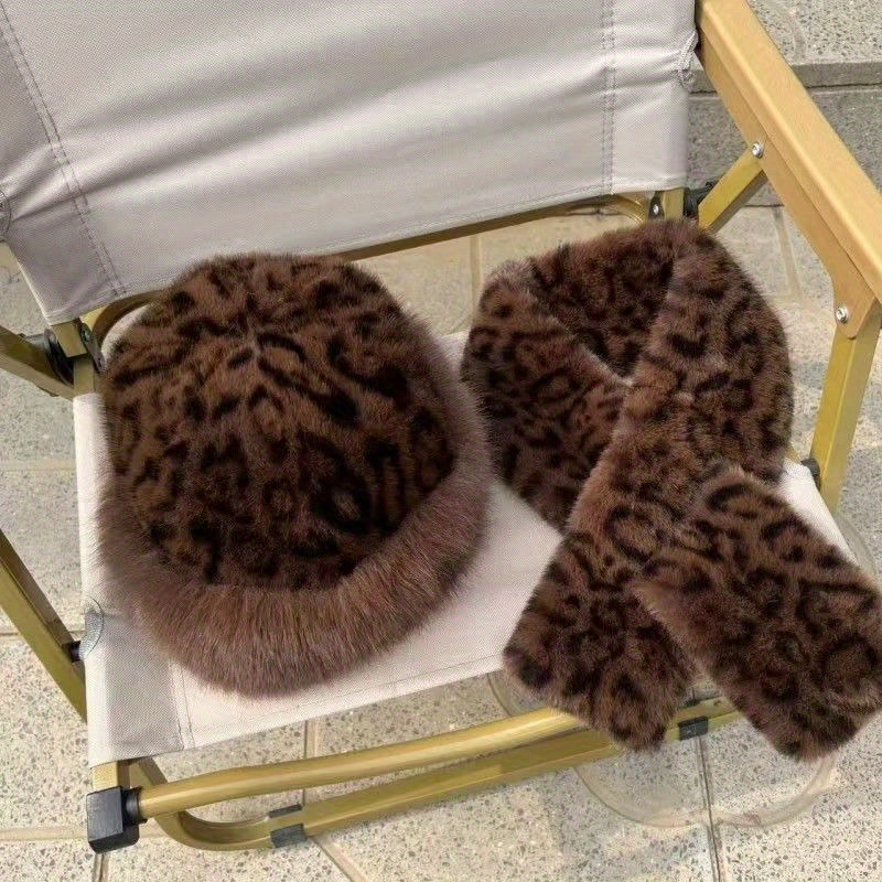 

Women's Set With Leopard Print Scarf And Fur Hat, Mixed Colors, Knitted, 1pc/2pcs, Hat