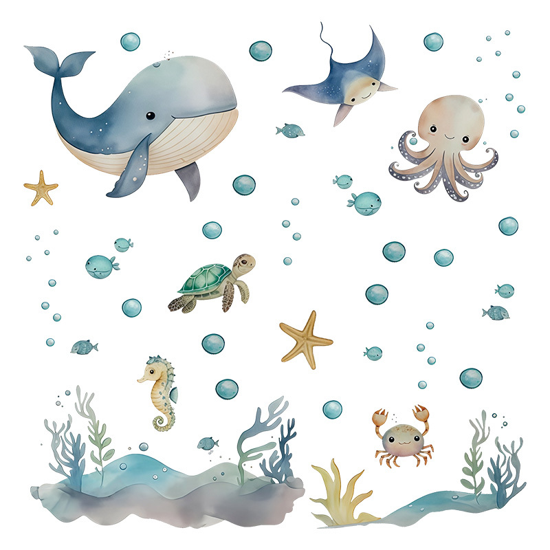 Image of Summer Marine Animal Wall Decals- Retro Watercolor Whales, Crabs, , , Octopuses, , Seaweed, Coral, Bubbles- Set Kitchen, Bedroom, Bathroom, Toilet, Living Room Background Wall Decor