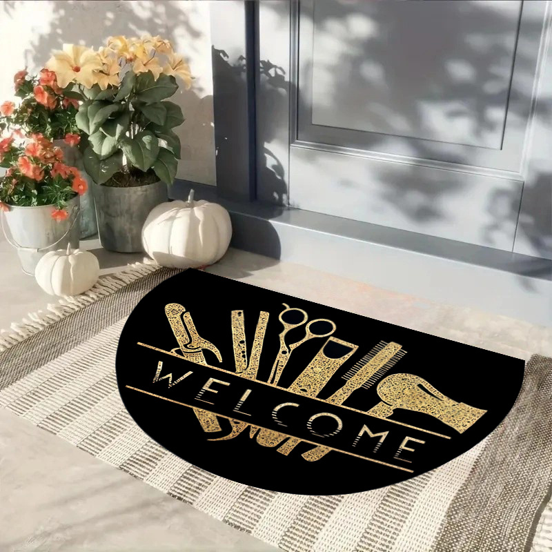 TEMU 1 pieza de un tapete de puerta 2D con un de cabello de bienvenida negro y dorado, fácil de limpiar e ideal para interiores como para exteriores.