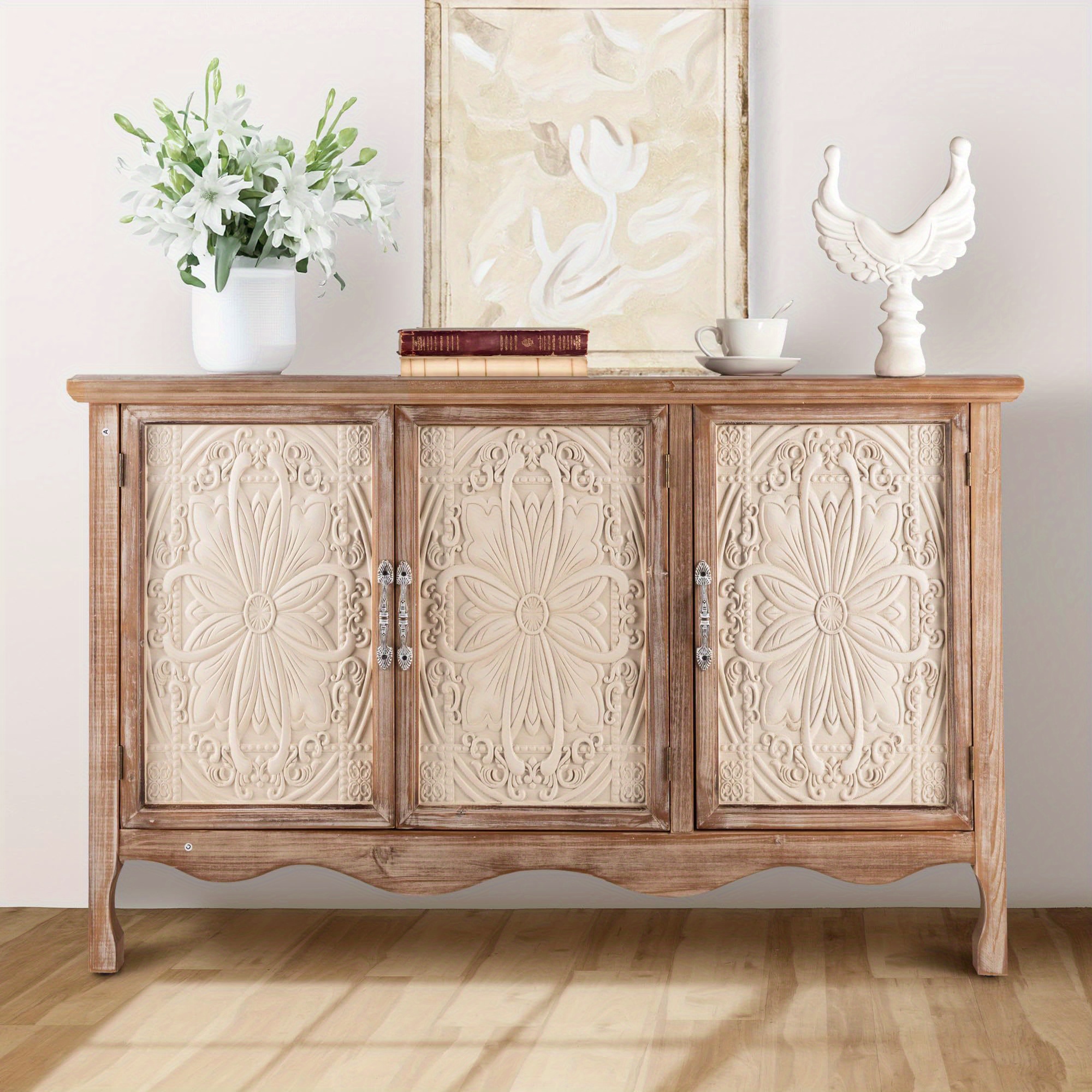 Mid-Century Buffet Cabinet - Carved Floral Doors & Wood Sideboard