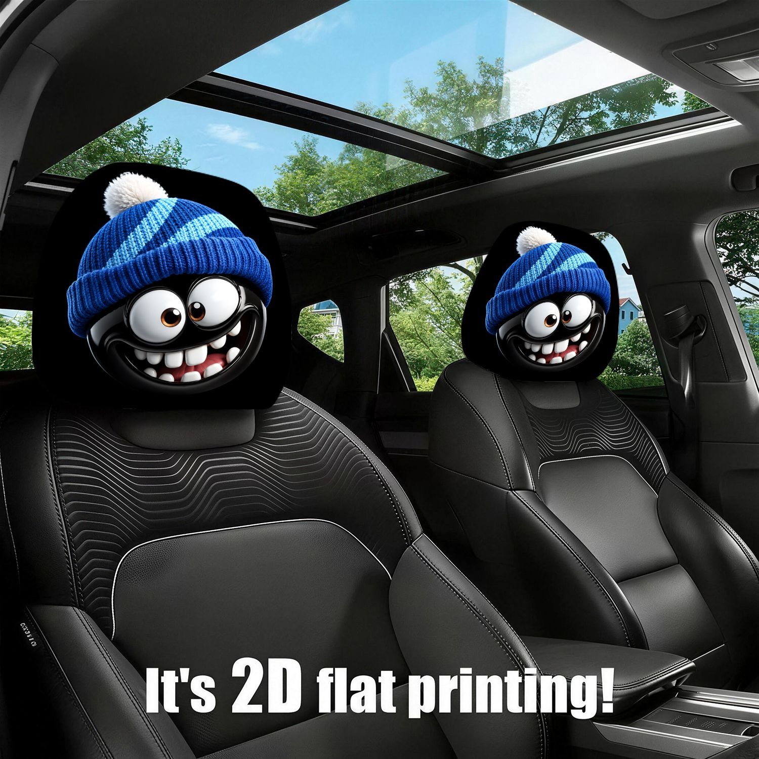 TEMU 2pcs Set Of Fun Cartoon-patterned Print Car Headrest Covers, , 2d Flat, , And Remove, Machine Washable, Perfect Versatile Car Decoration, A