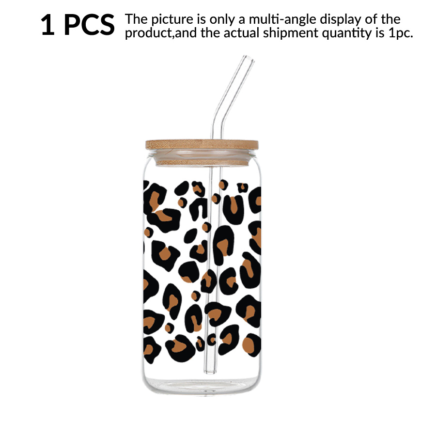 1pc 16oz Glass Pitcher With Bamboo Lid & Straw - Uv Printed Leopard Suitable For Home, Camping, Parties, Coffee Cup, , Wedding & Holiday Gift For, Bamboo Cover And Glass Drinking Vessel