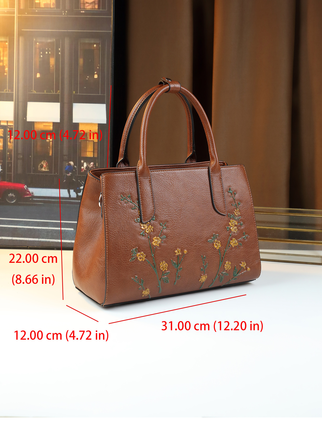 Light Brown Floral Tote on model