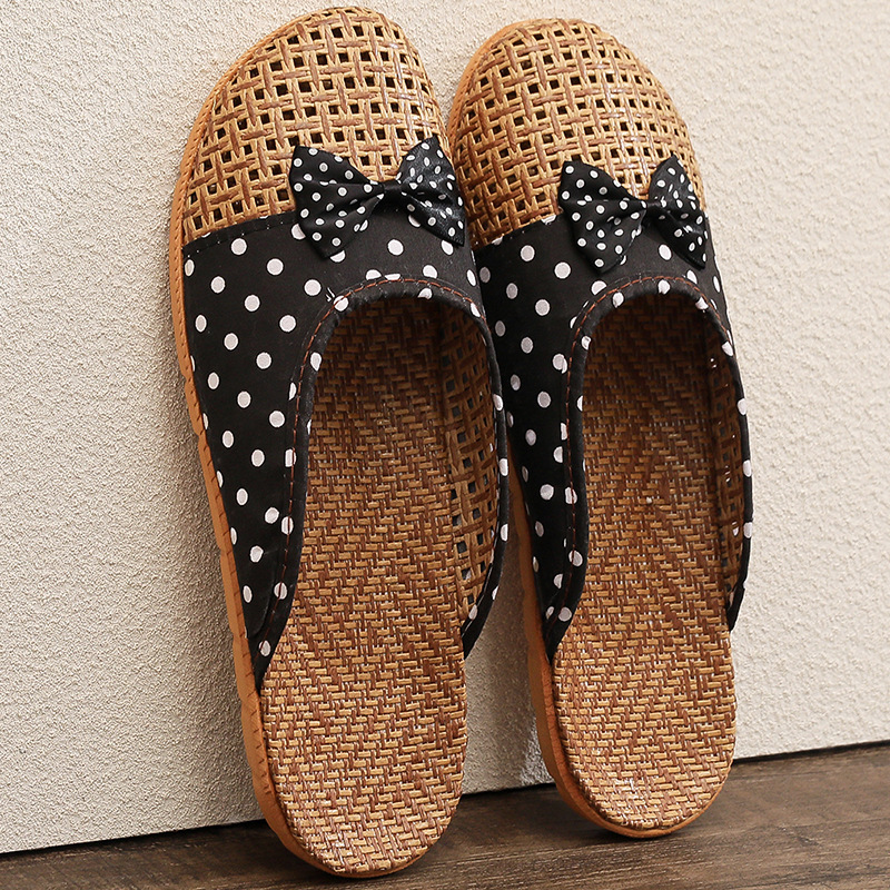 Image of Home Woven Rattan Couple Indoor Floor Anti-slip Summer Bow Knot Polka Dot Slippers; Home Woven Rattan Couple Indoor Floor Anti-slip Summer Bow Polka Dot Slides, Women Shoes
