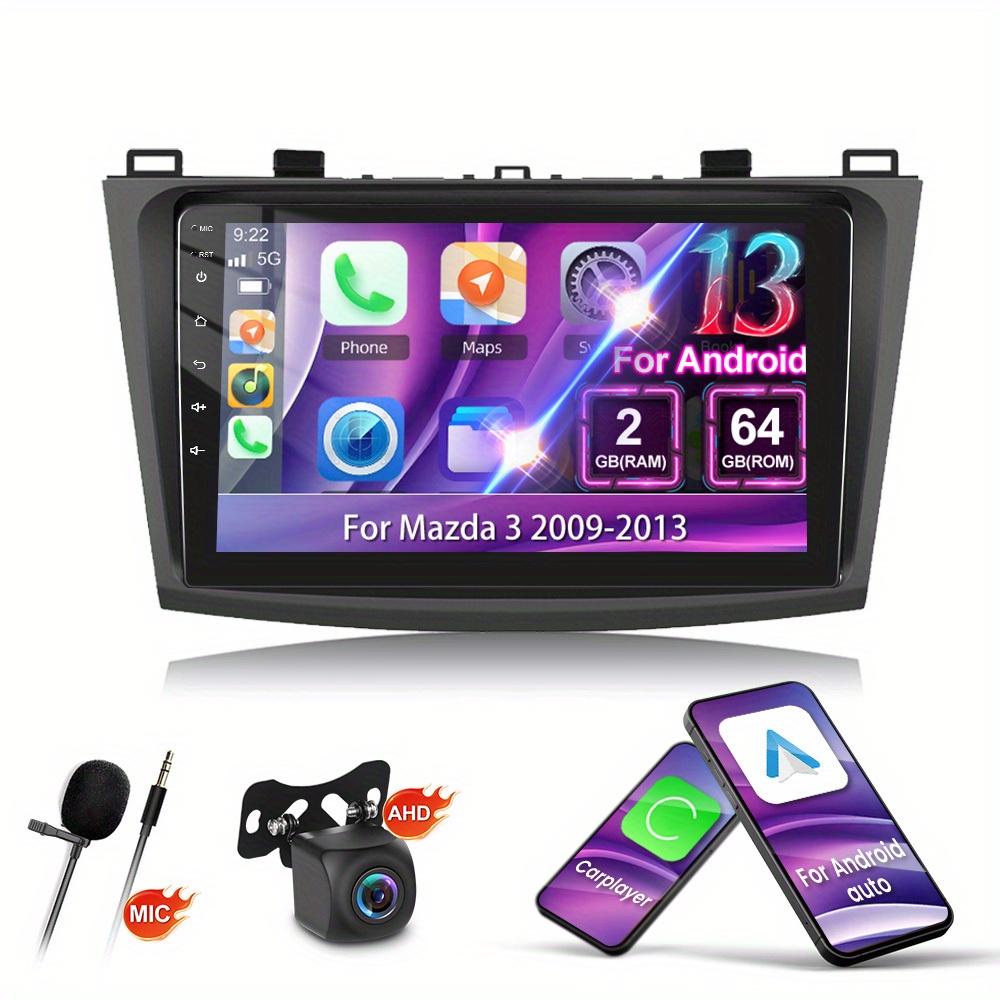[2+64g] For 3 2009-2013 Car Radio 9'' .5d Touch Screen Wireless Carplayer For Auto Car Mp5 Player With Eq Wifi Gps Fm Radio Suppport Camera&mic