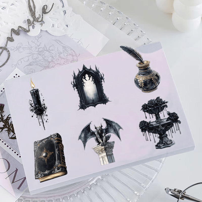 Image of 50pcs Vintage Gothic Transparent Doodle Stickers For Stationery Box, Notebook, Journal, Phone Case, Luggage, Guitar, And Sports Water Bottle Decoration For Roller Skating And Cycling