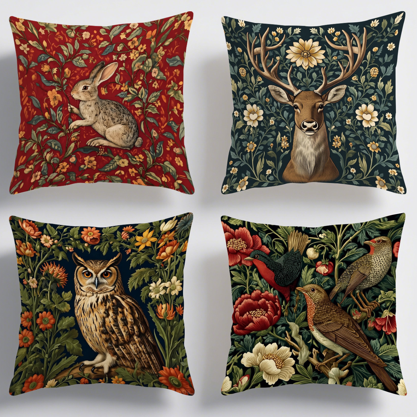 TEMU 4pcs William Floral & Foliage Print Pillowcases Suitable For Bed Sofa Couch Decor - Vintage British Design Cushion Covers With Deer Owl Bird