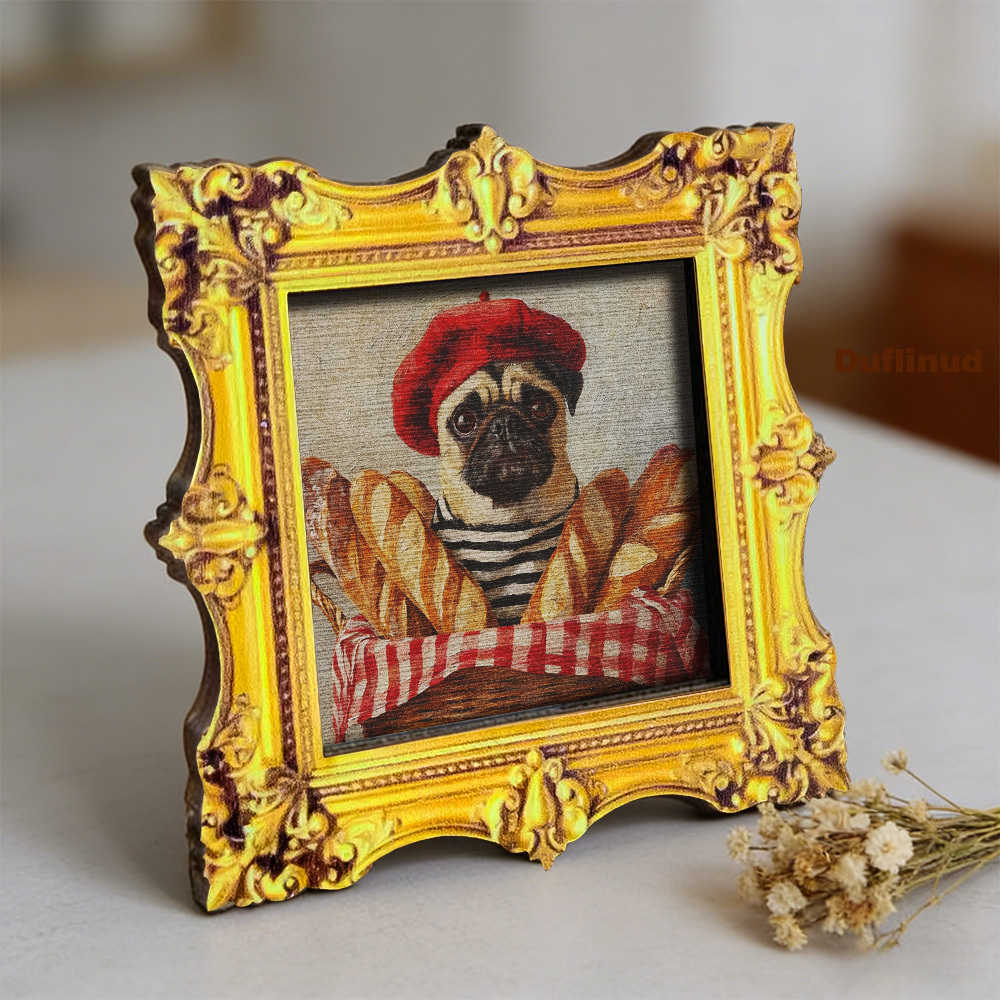 TEMU 1 pieza de madera con un pug lindo sosteniendo una baguette, llevando un boina , un suéter a rayas , un imán de nevera de madera, una mini