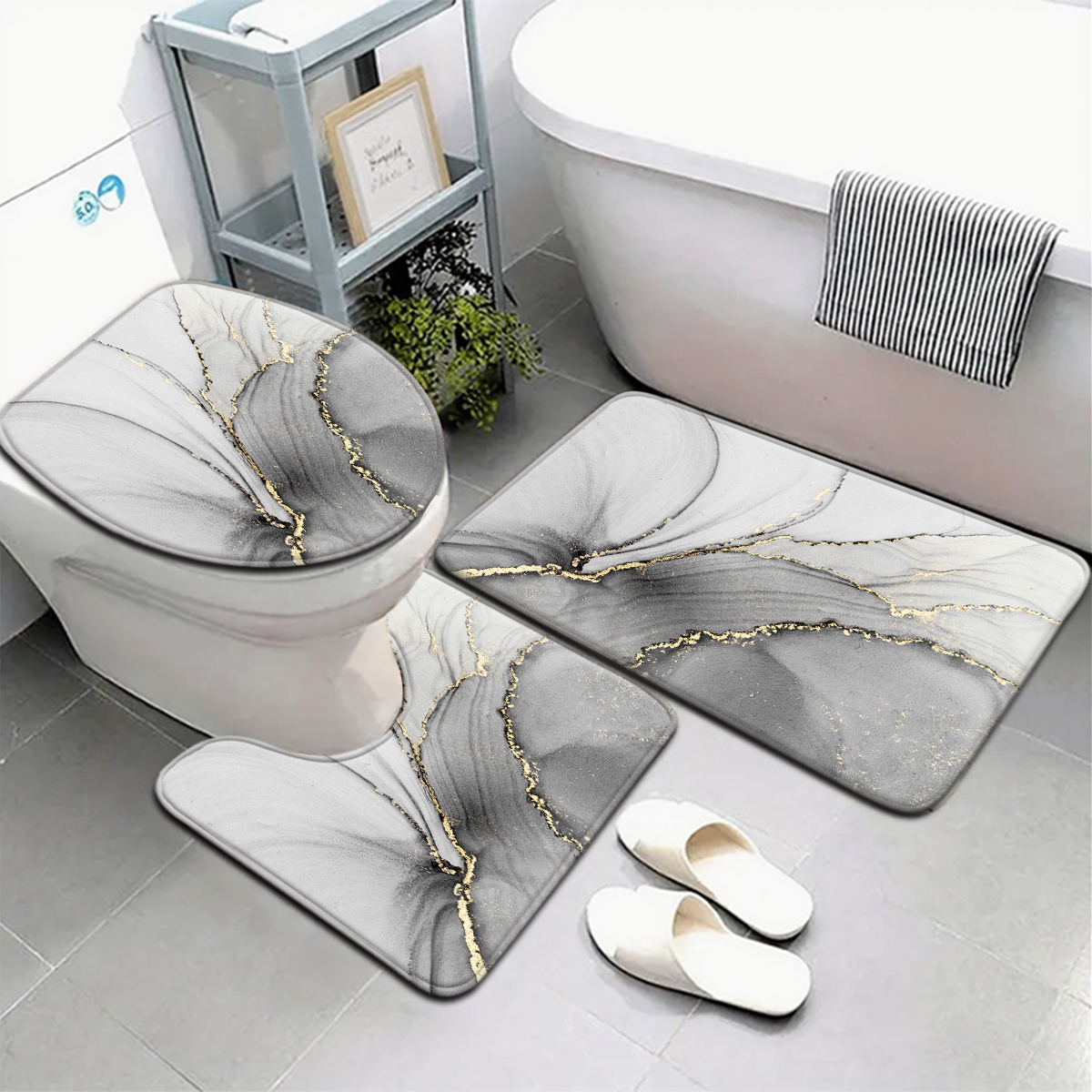 E-shop [Offen] 3-teiliges graues flüssiggoldenes Marmor-Muster Badezimmermatte Set Toilettendeckel Matte und Teppich Badezimmerdeko U-förmige Fußmatte