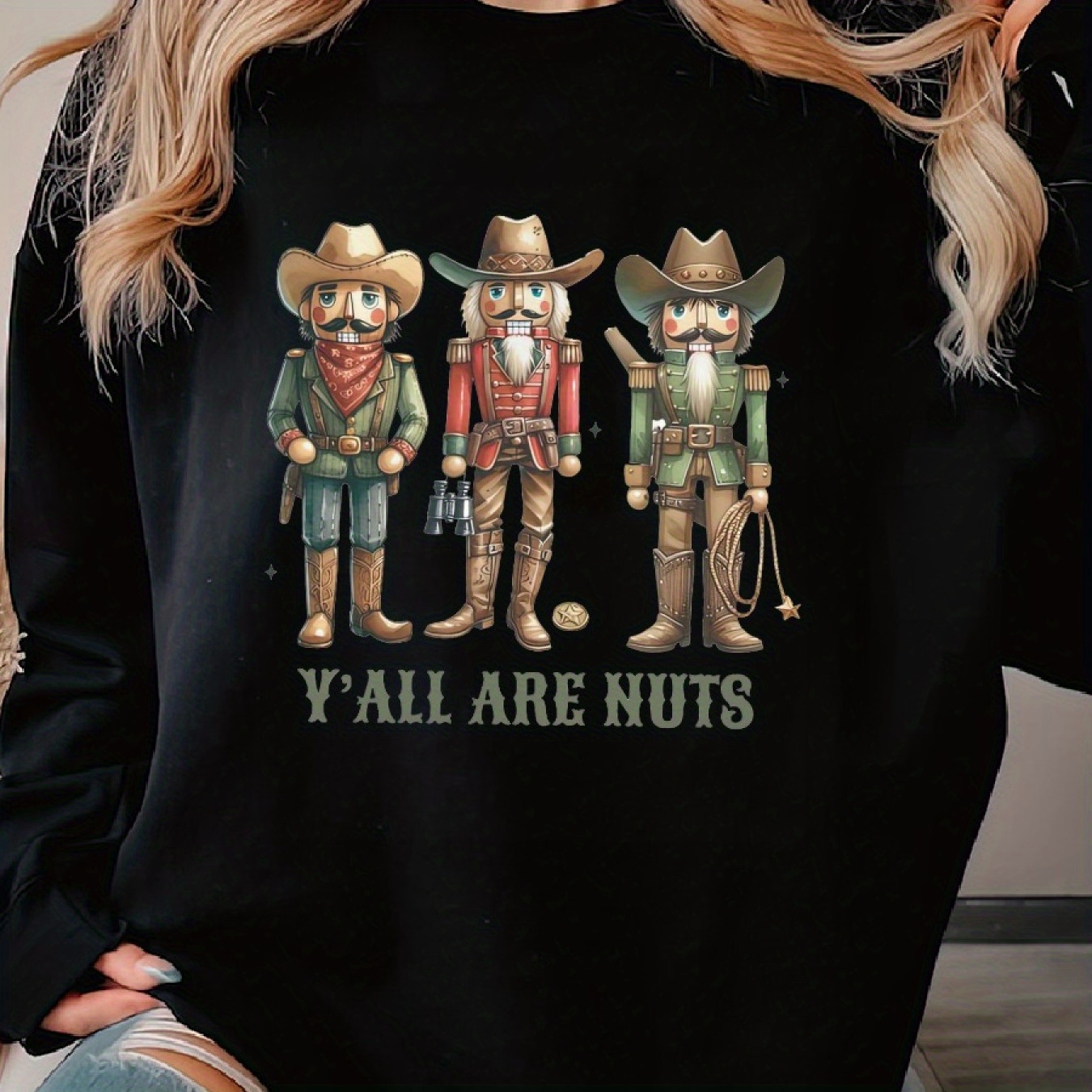 

Cowboy Western Christmas Retro Holidays Woman's Cozy Pullover Sweater, Casual Long Sleeve Crew Neck Sweater For Sports