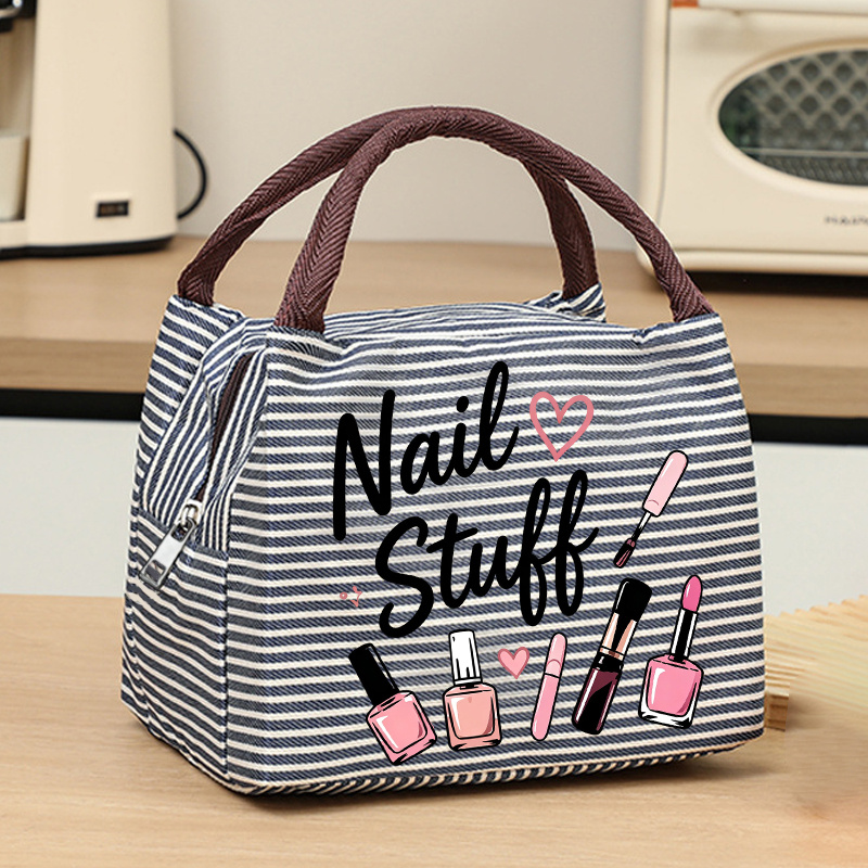 TEMU Creative Nail Art Print Handbag, Featuring Striped Design That's Stylish And . Made From Wear-resistant Fabric, Easy To Care For, Sturdy, And
