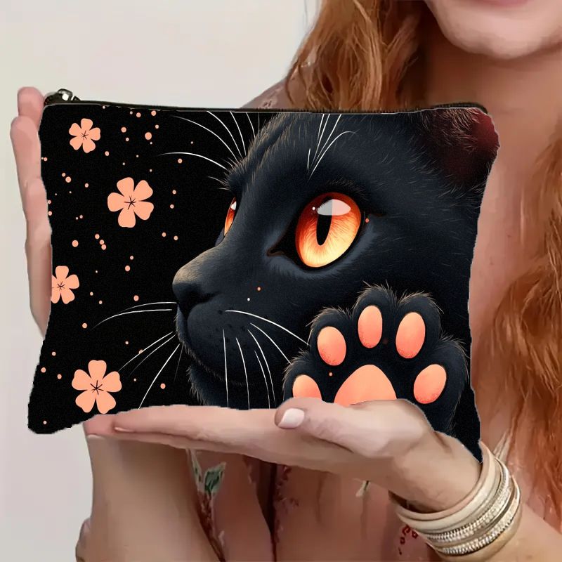 TEMU Cat Lovers' ! Vivid 2d Black Cat Print Cosmetic Bag With Orange Eyes And Cute Paw Design, Featuring A Zipper Closure - Lightweight, Durable,