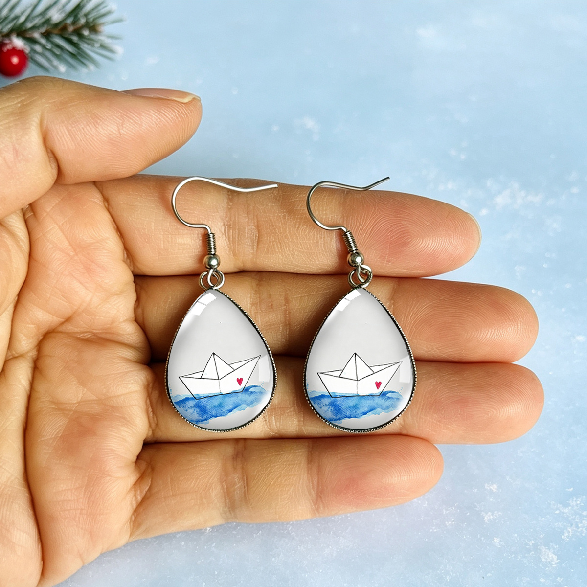 Water Droplet Pendant Stainless Steel Earrings, Fresh Ocean Style