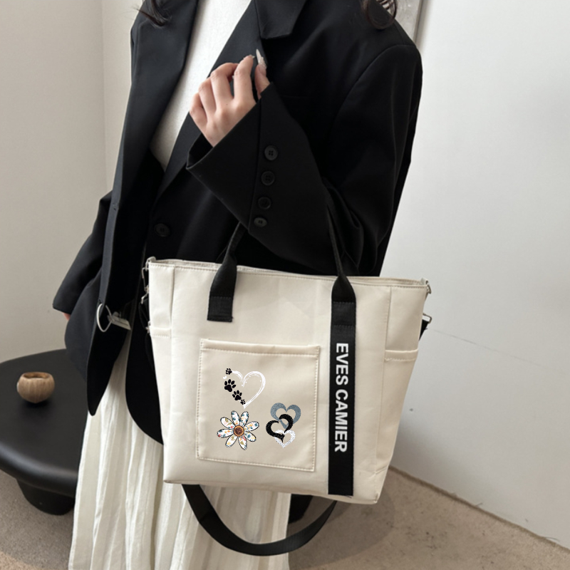 TEMU Women's Tote Bag, Multi-pocket Handbag With Adjustable Strap, Crossbody Travel And Work Shoulder Bag, Portable And Durable, Heart-shaped Floral