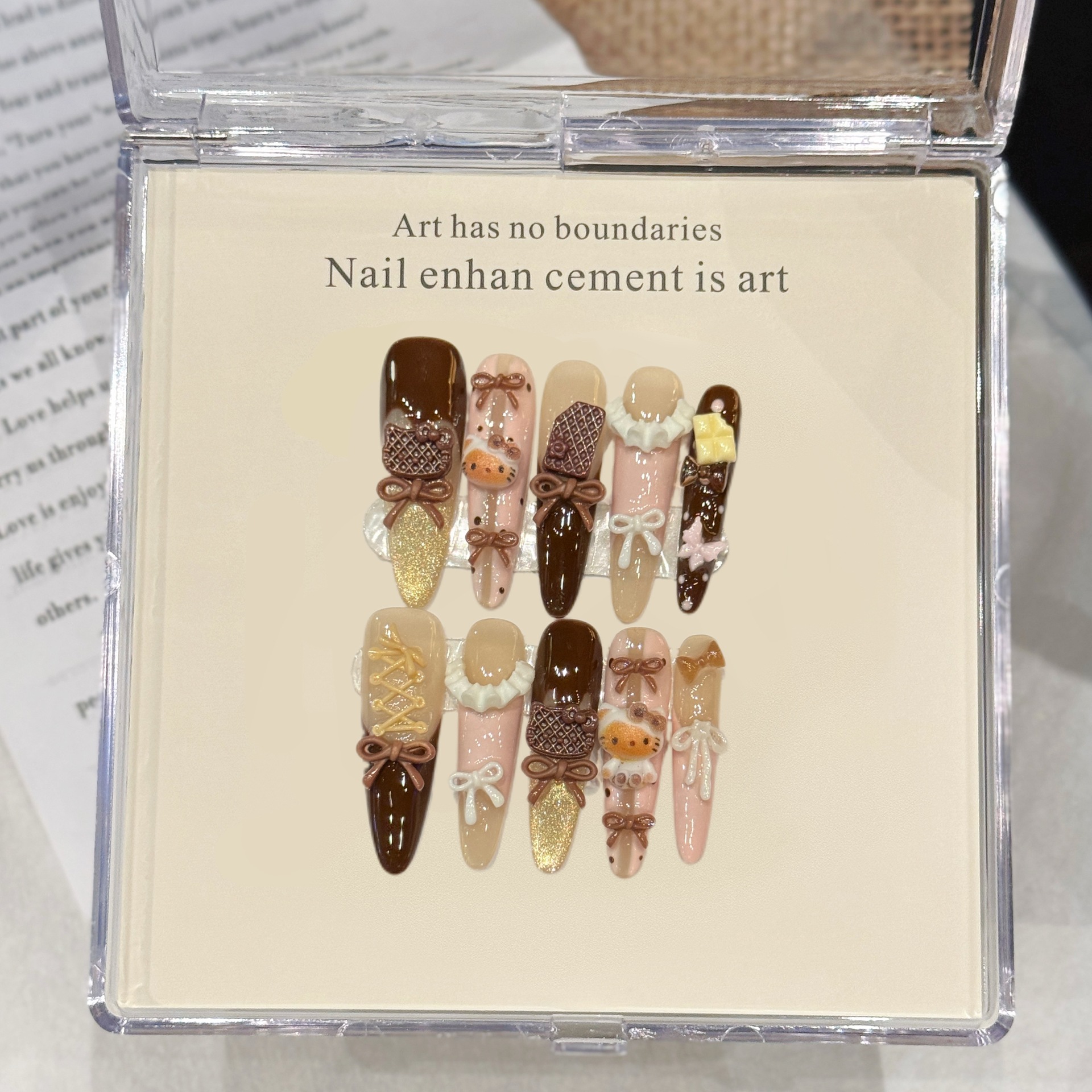 TEMU Yoyo Wearable Nails[kelu Li] Autumn Sweet Brown Series Cat Eye Cute Handmade Wearable Nails