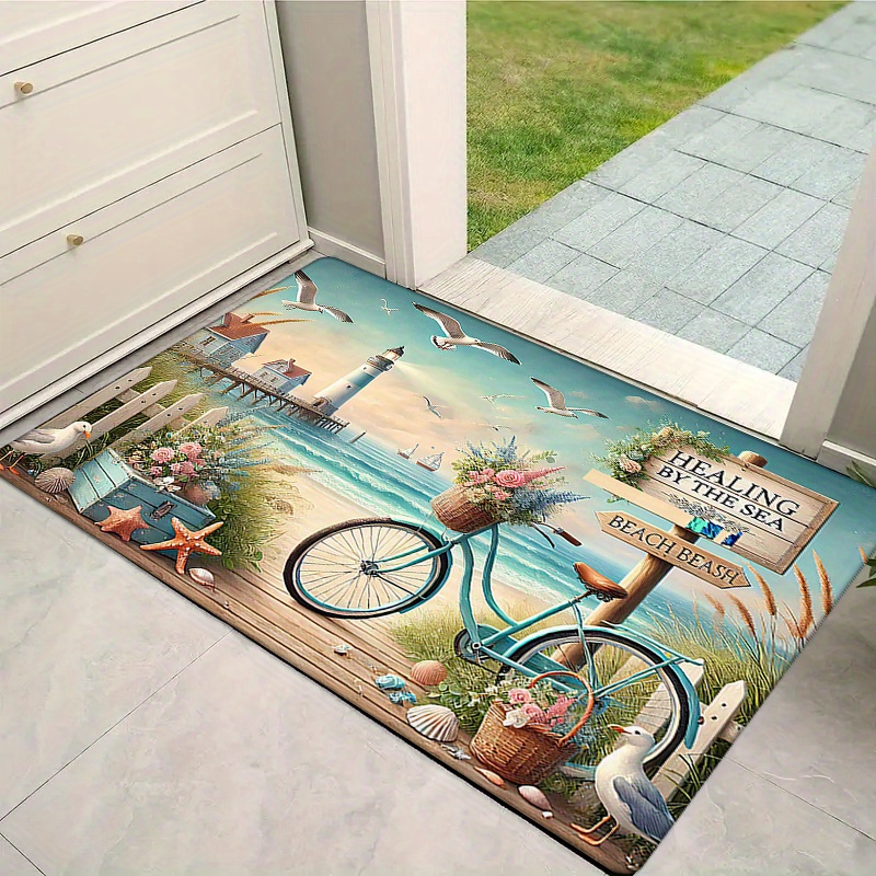 

Beach-themed Flannel Doormat - , Absorbent & Non-slip With Seagull Bicycle Design | Living Room, Bedroom, Bathroom, Kitchen & Laundry | Machine Washable Home Decor Rug