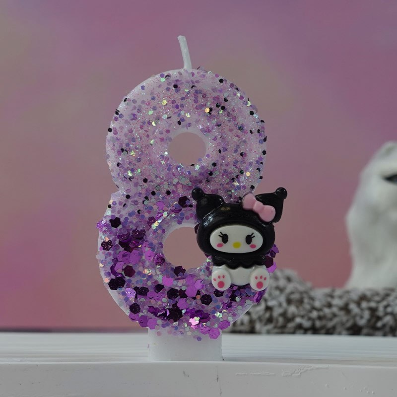 Image of A Kuromi Birthday Candle - A Sparkling Purple Glitter 0-9 Birthday Candle Featuring Kuromi's Face And Icon, Perfect For Party Decorations And Cake Embellishments