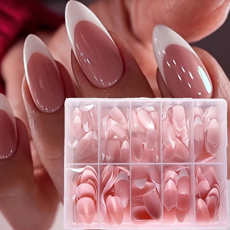 E-shop 72 Stück Kurze Mandel-Französische Spitzige Nagelspitzen, Nude Rosa und Weiß - Glänzende Vollständige Abdeckung Falsche Nägel, Geeignet für