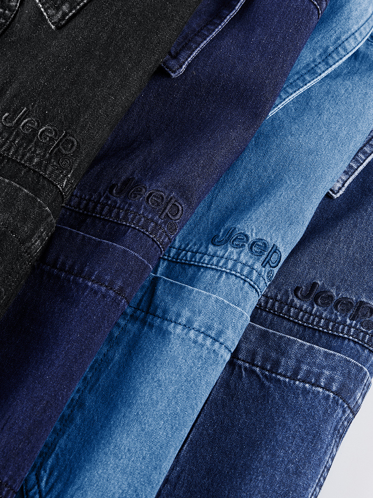 Jeep Cotton Denim Long Sleeve Shirt for Men Embroidered Logo Lapel Button Double Chest Pockets Wrinkle-resistant Stylish Light Business Casual