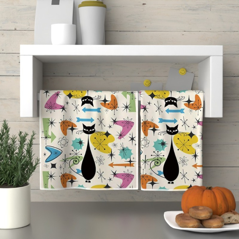 

2-pack Retro Cat Design Kitchen Towels, 18x26 Inches, Super Polyester, Contemporary Themed Hand Towels For Home Decor, , Machine Washable