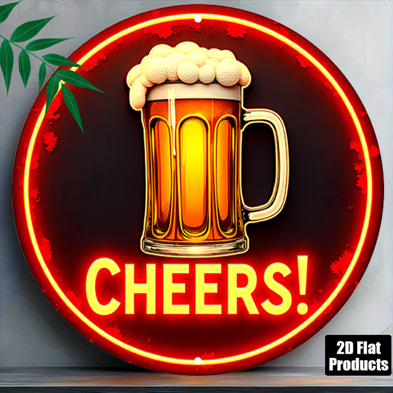 TEMU 2d Flat, 2d Flat 1pc Cheers! Glow 7.8x7.8inch Round Decor,interesting Vibe Round Plaque, Holiday Decorative Plaques,neon Signround Plaque, Retro