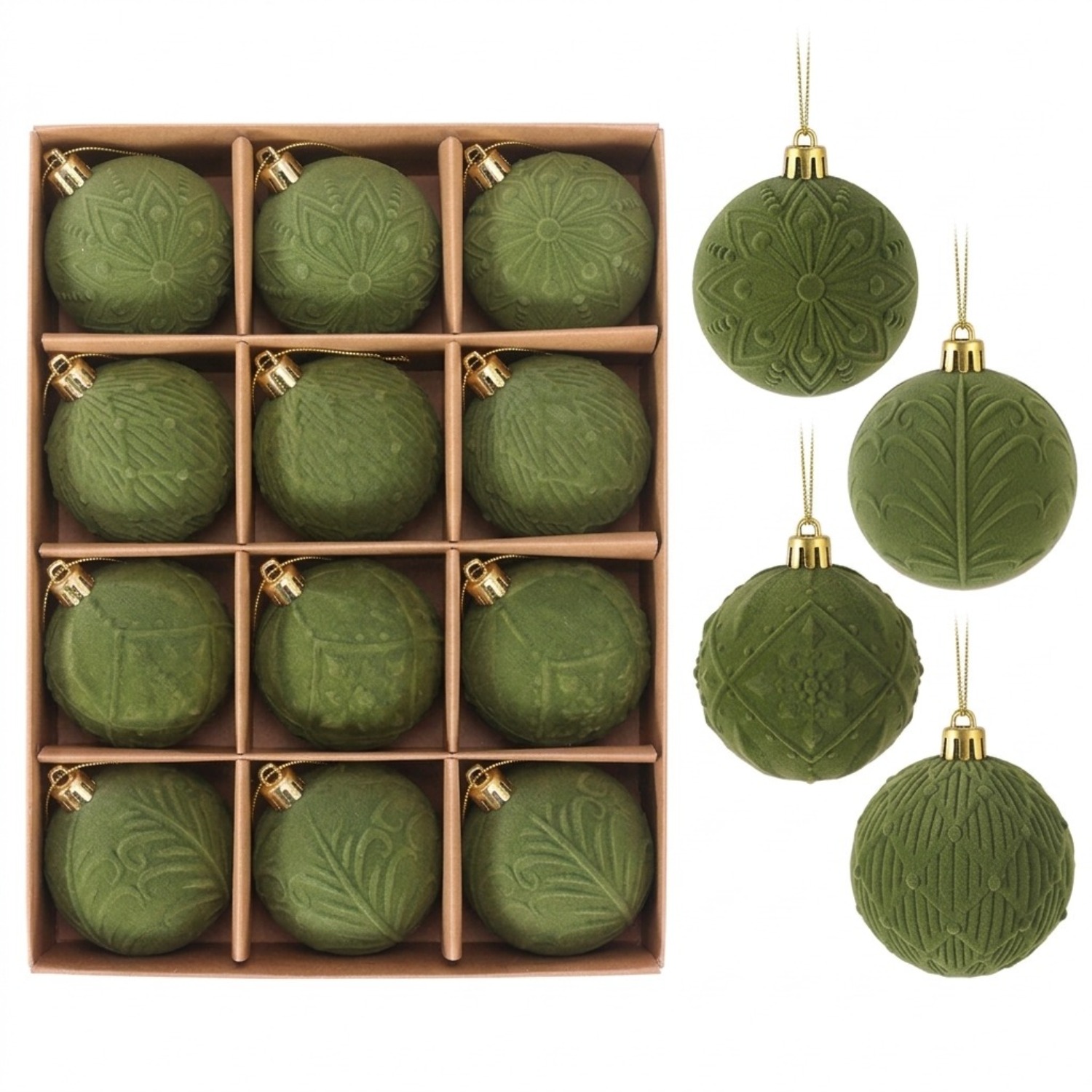 TEMU 12pcs Green Velvet Christmas Ball Ornaments, Shatterproof Christmas Tree Decorations, Soft Plush Hanging Baubles With Relief Texture, Elegant