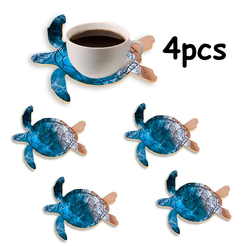 TEMU Lot de 4 sous-verres Tortue de mer , protège-boissons en bois de tortue résistants à la chaleur, protège-tables lavables à pour tasses à café et