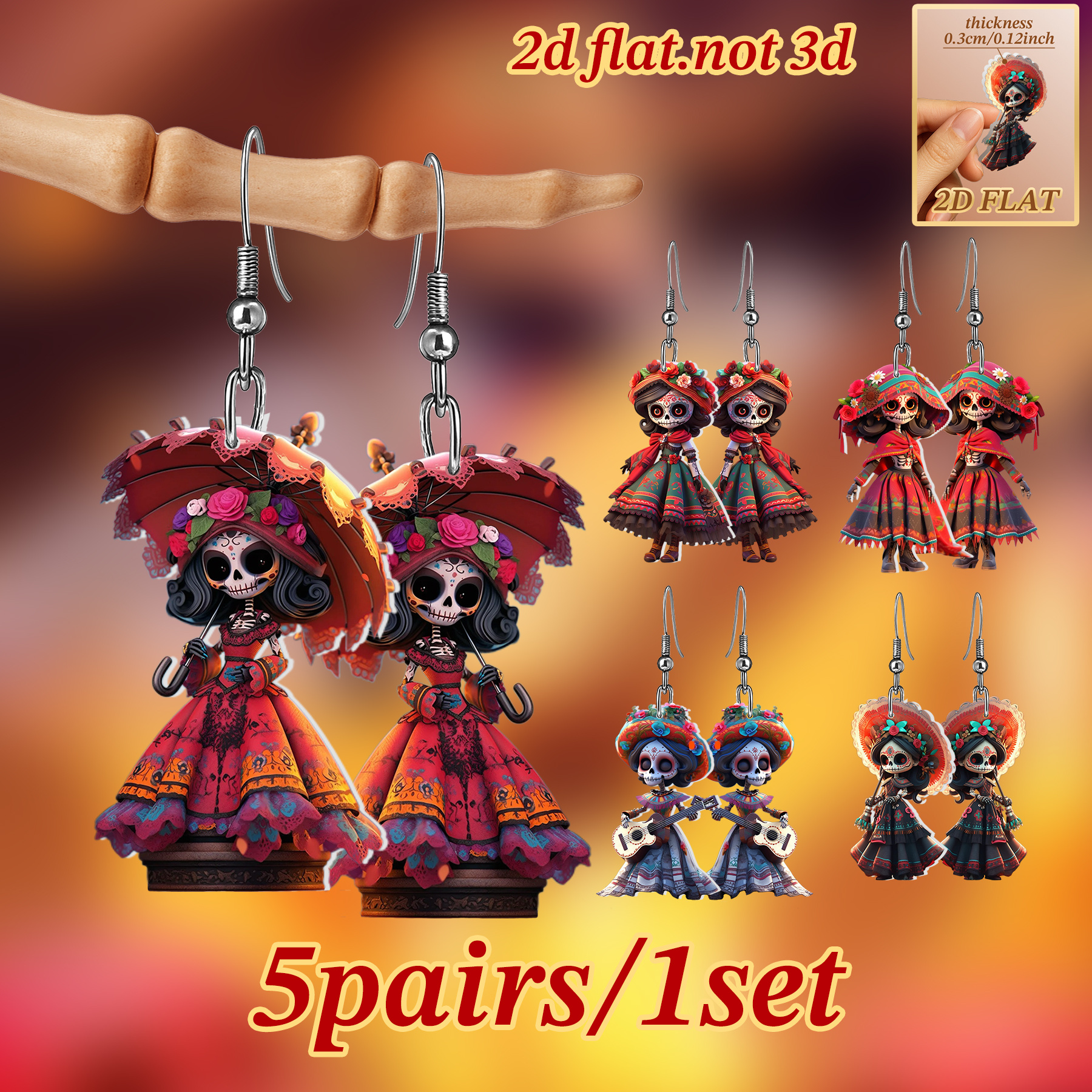 TEMU 2D Plat - Ensemble de 5 boucles d'oreilles poupée d'Halloween 2D plates | Boucles d'oreilles de et unique | Matériau acrylique | Très approprié