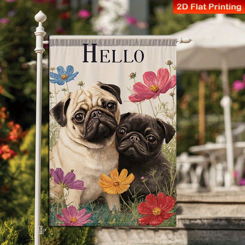 TEMU 2d Flat - 2d Flat - A Single Piece Of A Two-dimensional Flat Garden Flag Showcasing 2 Pugs Surrounded By Vibrant Flowers, Celebrating Of Summer