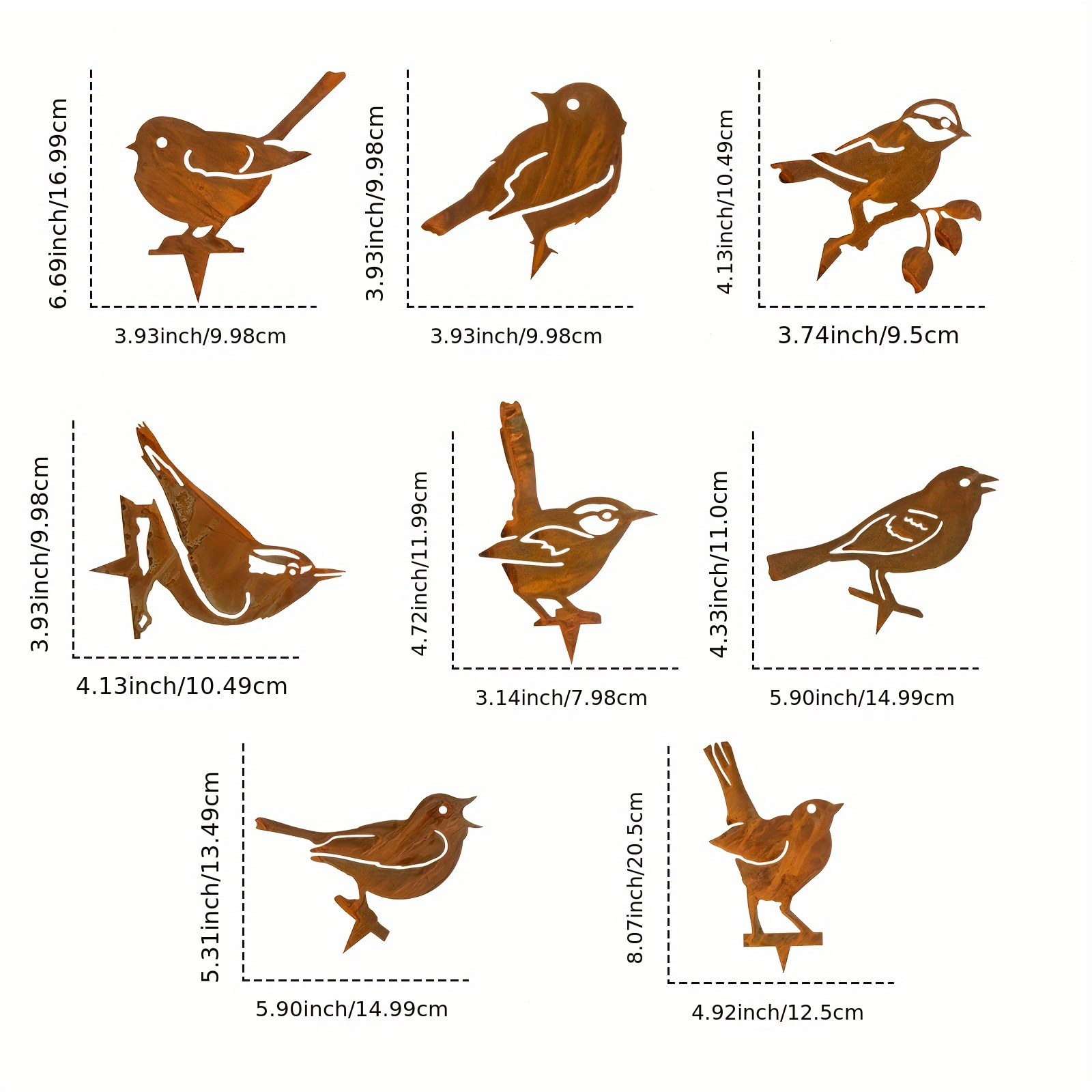 Image of A Set Of 8 Rustic-style , Perfect For Garden Art - Vintage, Rusted Metal Birds Suitable For Decorating Fence Tops And Yard Fences, An Ideal Gift For Halloween And Christmas, Perfect For Bird Lovers