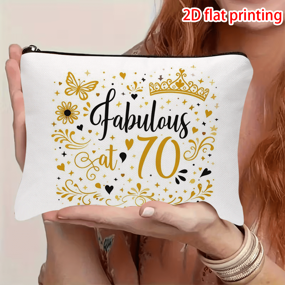 TEMU 1pc Fabulous 70th Birthday Cosmetic Bag With 2d Flat Printing, White With Golden And , Zipper Closure, Portable For Travel Or Daily Use, Ideal