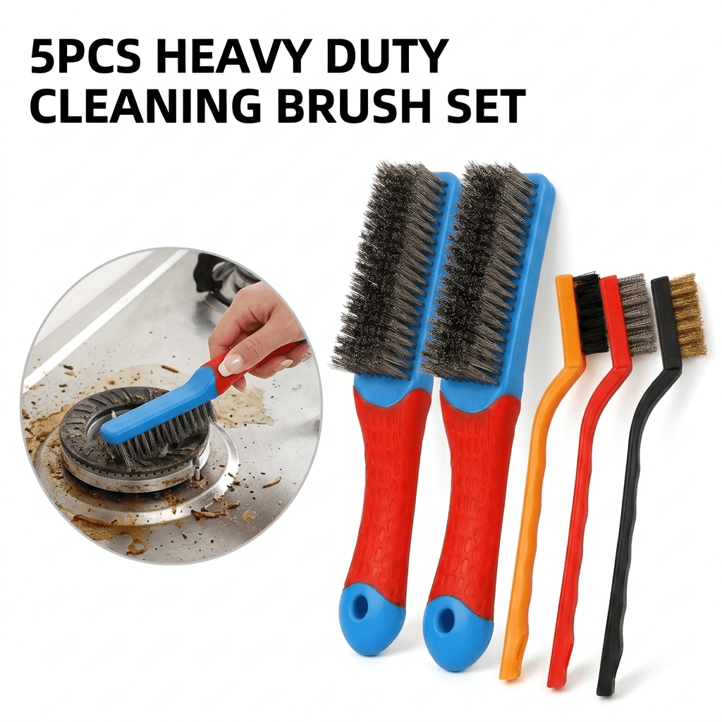 TEMU 5pcs Set Of Multi-functional Stiff Bristle Cleaning Brushes, 2pcs Heavy-duty Stainless Steel Wire Brushes And 3pcs Kitchen Stove Cleaning