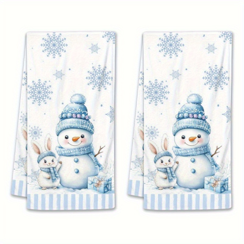 

2pcs Christmas Kitchen Towels, Snowman & Snow , Modern Cartoon Style, Super Polyester, Machine Washable, For Home & Holiday Decor