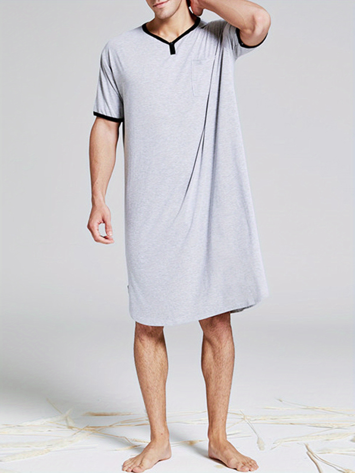 men's oversized v-neck short sleeve nightgown soft pajamas with